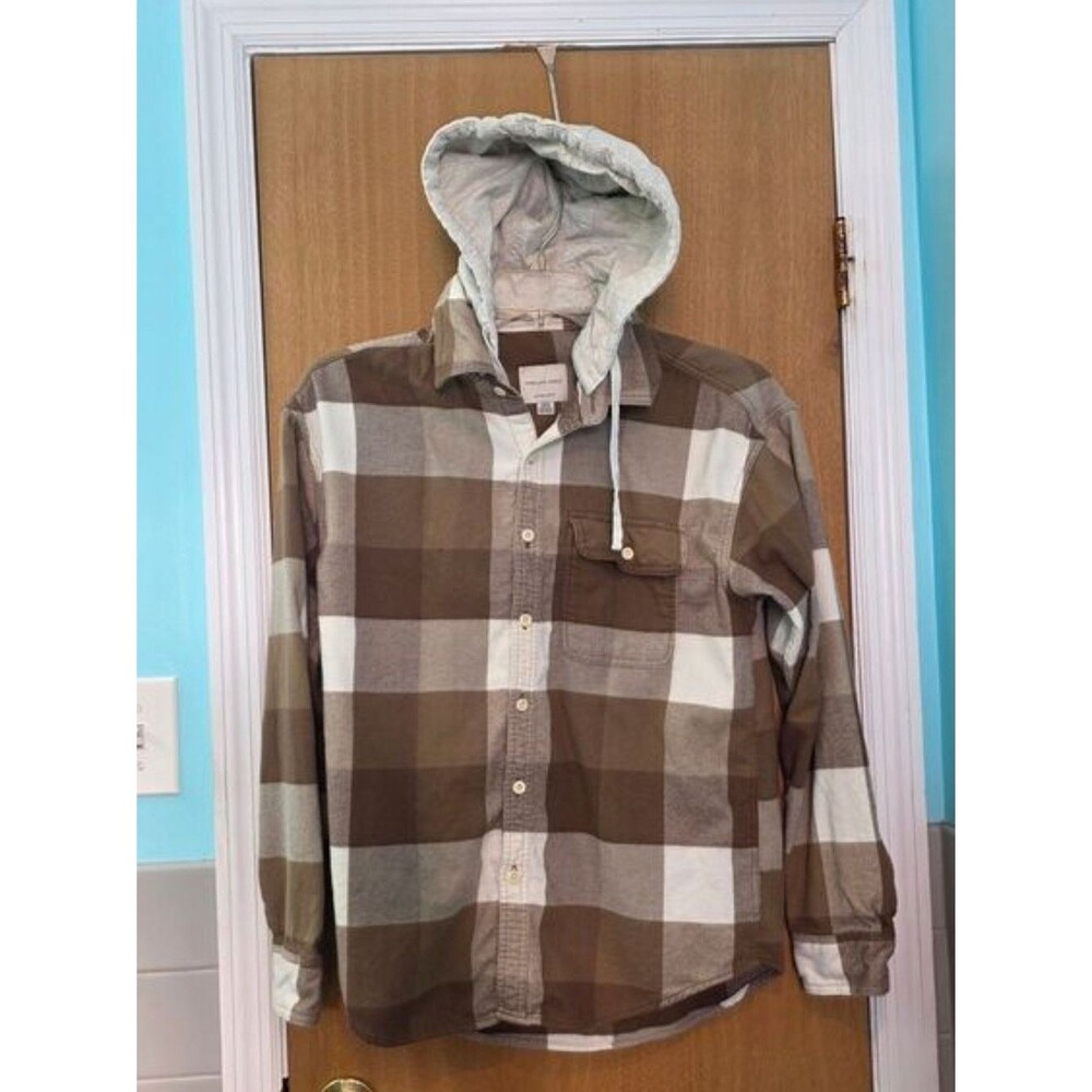 American Eagle Outfitters Brown and Cream Plaid Lightweight Hooded Shirt Jacket